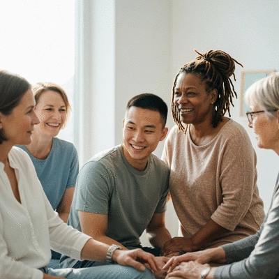 Diverse group of people in a supportive community setting, representing mental health awareness and understanding, clean image