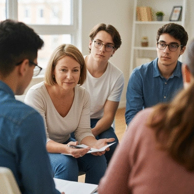 Diverse group of people participating in a mental health support group, showing empathy and active listening