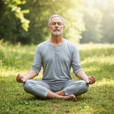 Person meditating outdoors, serene and focused