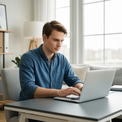 Person using a laptop for a telehealth mental health consultation, calm and professional setting
