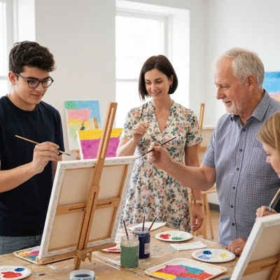 Group of people engaged in a creative art therapy session, painting together, fostering connection and expression