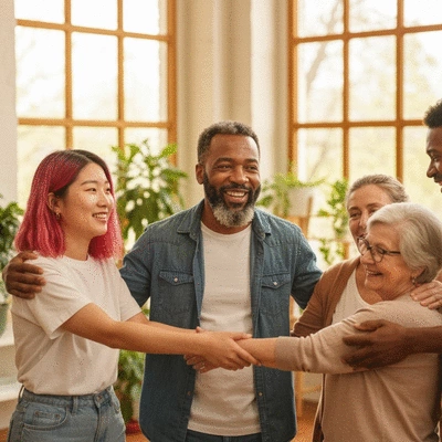 Diverse group of people connecting and supporting each other, symbolizing community resources