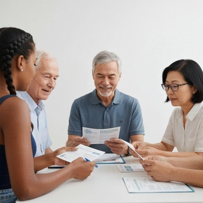 People sharing mental health resources, pamphlets, and information in a supportive group setting, emphasizing communication and education, bright and clean environment, no text, no words, no typography, 8K, clean image