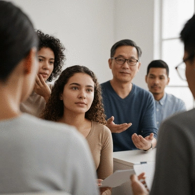 A diverse group of people engaged in a support group session, actively listening and sharing, representing community and mutual aid, no text, no words, no typography, clean image