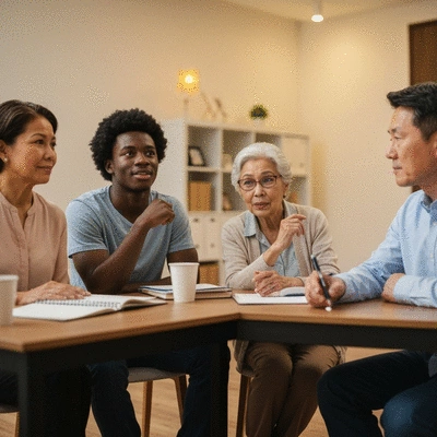Diverse group of people in a supportive group therapy session, illustrating community and shared experience