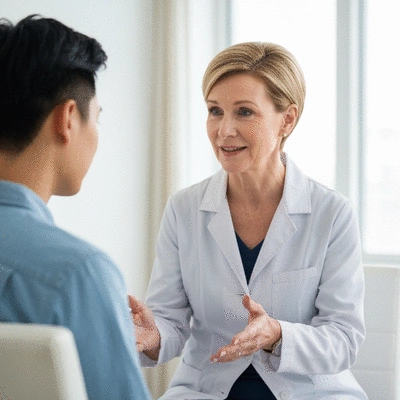 Mental health worker engaging in a therapy session with a patient, offering support and guidance