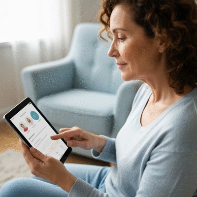 Person using a mental health app on a tablet during a digital therapy session