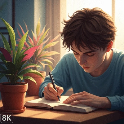 Person writing in a journal with a pen, surrounded by calming elements like a plant or soft light