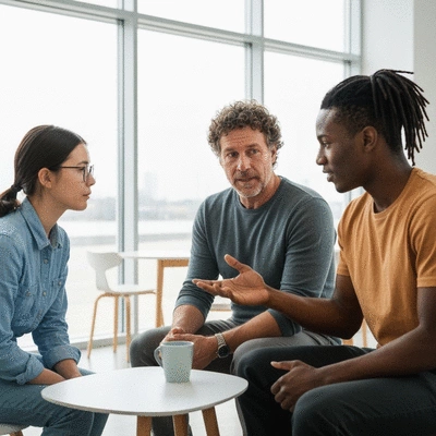Diverse group of people engaging in a supportive conversation about mental health in a bright, open setting
