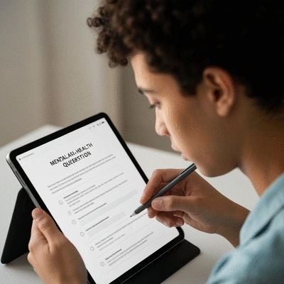 Person thoughtfully completing a mental health questionnaire on a tablet, with a blurred, calm background, no text, no words, no typography, 8K, natural lighting