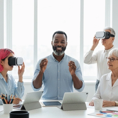 Professional setting with diverse innovative therapy tools and people engaging in mental health activities, clean image