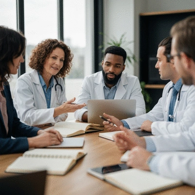 Diverse group of mental health professionals collaborating in a modern office setting