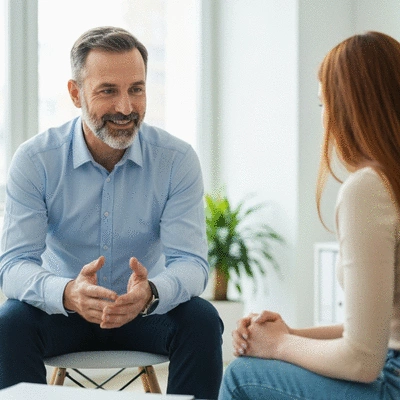 Mental health worker engaging with a patient in a supportive, professional setting, demonstrating empathy and good communication