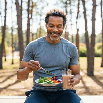 Person making healthy lifestyle choices, such as eating a balanced meal and exercising