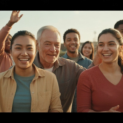 Diverse group of people in a community setting, smiling and supporting each other, symbolizing mental health awareness and community support, bright and hopeful atmosphere, no text, no words, no typography, 8K, clean image