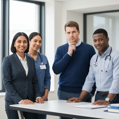 Diverse group of mental health professionals collaborating in a modern mental health unit