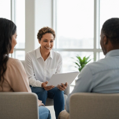 Diverse group of people in a supportive setting discussing mental health, with a therapist guiding the conversation, no text, no words, no typography, 8K