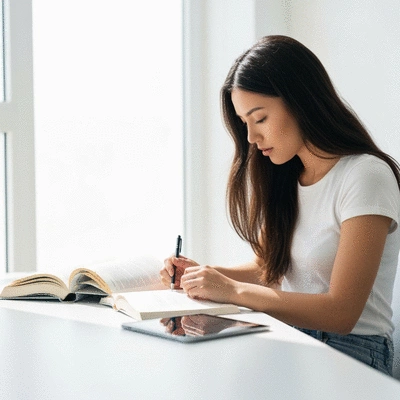 Person studying with books and tablet, illustrating memory improvement