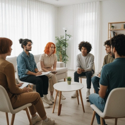 Diverse group of young adults sitting in a circle, engaged in a supportive group discussion about mental health, with a facilitator present in a bright, modern setting, no text, no words, no typography, 8K