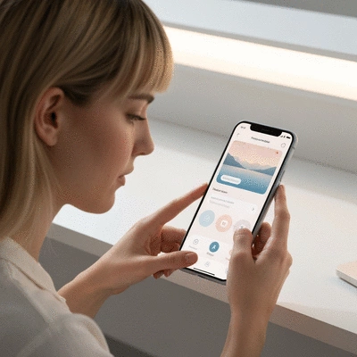 Young adult using a mental health app on a smartphone, displaying a calm and supportive interface in a modern, clean environment, no text, no words, no typography, 8K