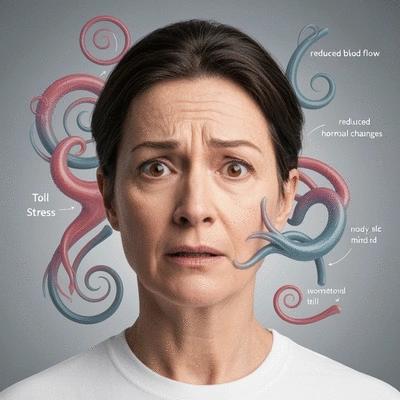 Person looking confused, surrounded by abstract representations of neurodegenerative diseases, reduced blood flow, hormonal changes, and stress, no text, no words, no typography, clean image
