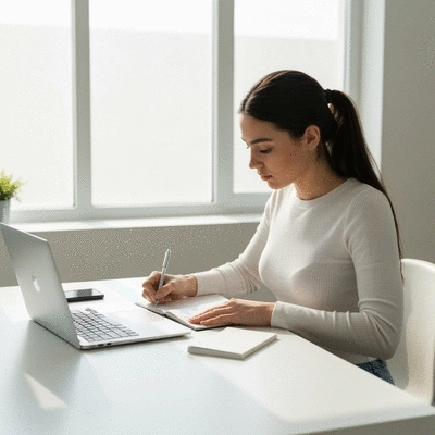 Person preparing a list of questions and medical history for a first mental health visit, focused and organized, no text, no words, no typography, 8K