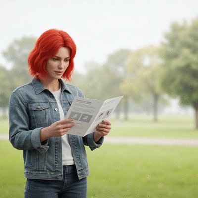 Person looking thoughtfully at a brochure about mental health services