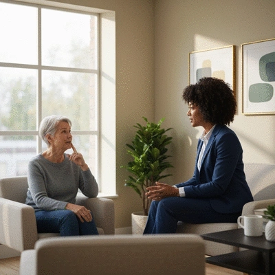 Professional mental health counselor listening to a client in a supportive, modern office setting