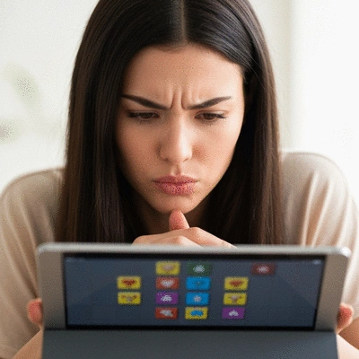Person engaged in a memory game on a tablet, focused expression, bright modern setting