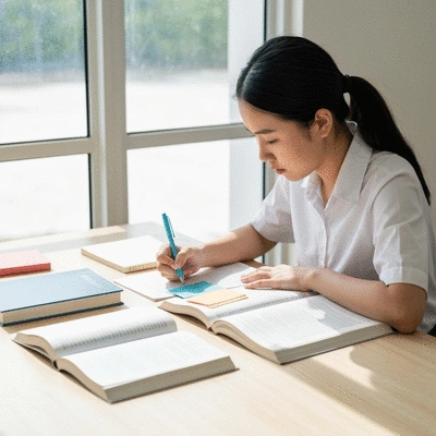 Student studying with memory techniques, notes and books on desk