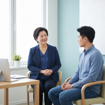 Mental health professional consulting with a patient in a calm office setting, discussing diagnosis and treatment options, no text, no words, no typography, clean image