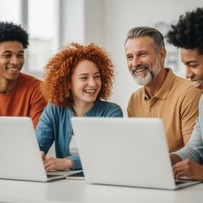 Diverse group of people in a supportive online community meeting, smiling and interacting, no text, no words, no typography, 8K