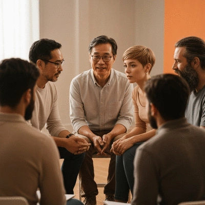 Diverse group of people participating in a support group, sitting in a circle, engaged in conversation