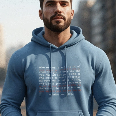 Person wearing a mental health hoodie with a positive message, close-up, soft focus background