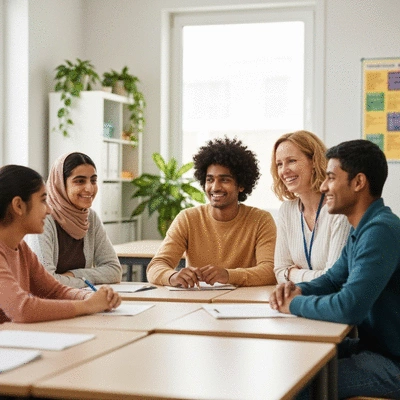 Diverse group of students and teachers collaboratively discussing mental health in an inclusive classroom, promoting open dialogue and support, no text, no words, no typography, 8K, clean image