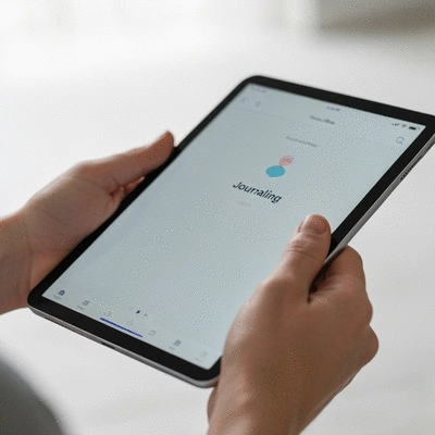 Close-up of a person's hands holding a digital tablet with a journaling app open, clean modern aesthetic, soft background blur, no text, no words, no typography, 8K, high resolution
