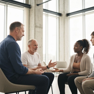 Diverse group of people engaged in a supportive group conversation about mental health, in a modern, bright setting, no text, no words, no typography, 8K, natural lighting