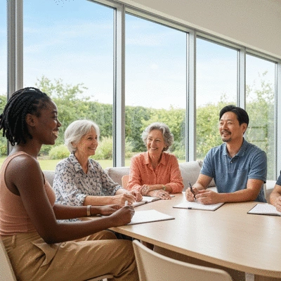 Diverse group of people in a supportive discussion about mental health