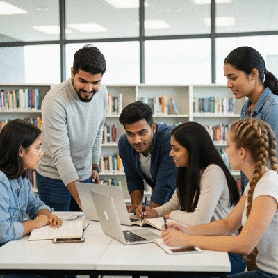 Diverse group of students collaborating and learning together, sharing ideas, in a modern study environment, clean image, no text, no words, no typography