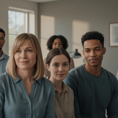 Diverse group of people in a supportive setting, possibly a support group, with calm and understanding expressions