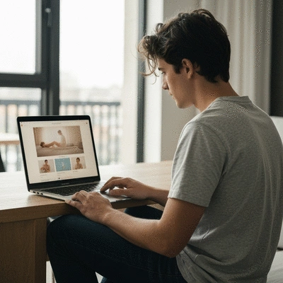 Person watching a mental health video on a laptop, with a calm and supportive atmosphere