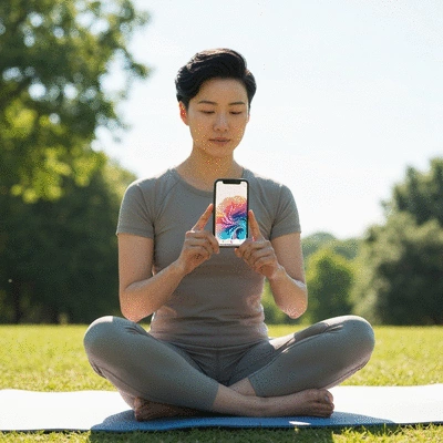 Person using a mental health app on a smartphone in a serene, natural setting
