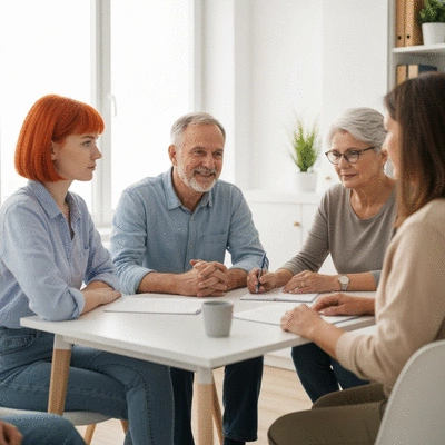 Diverse group of people in a mental health support group setting, showing mutual support and understanding