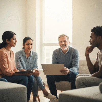 Diverse group of people in a supportive discussion circle, focusing on mental health, with calm and understanding expressions, no text, no words, no typography, 8K