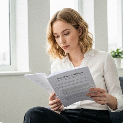 Person reading legal documents related to mental health law, with a calm and focused expression in a modern office setting