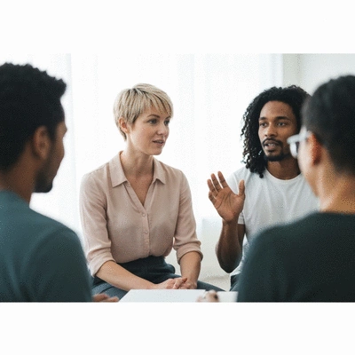 Diverse group of people engaging in open dialogue about mental health, in a supportive group setting, clean image