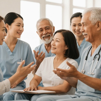 Supportive group of caregivers sharing experiences, diverse ages, warm and empathetic atmosphere, no text, no words, no typography, clean image