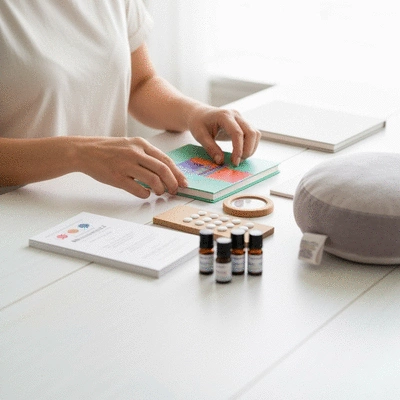 Person thoughtfully selecting items to build a personalized mental health kit, with various self-care tools spread on a desk