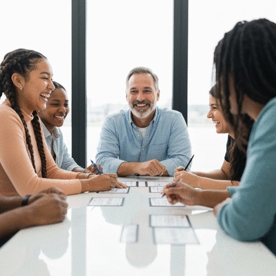 Diverse group of people playing a mental health jeopardy game, laughing and interacting, bright modern setting, no text, no words, no typography, 8K
