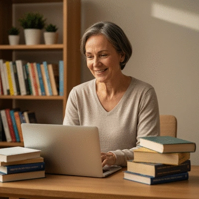 Person using a laptop to access online mental health resources, surrounded by books and a warm, supportive atmosphere, no text, no words, no typography, 8K